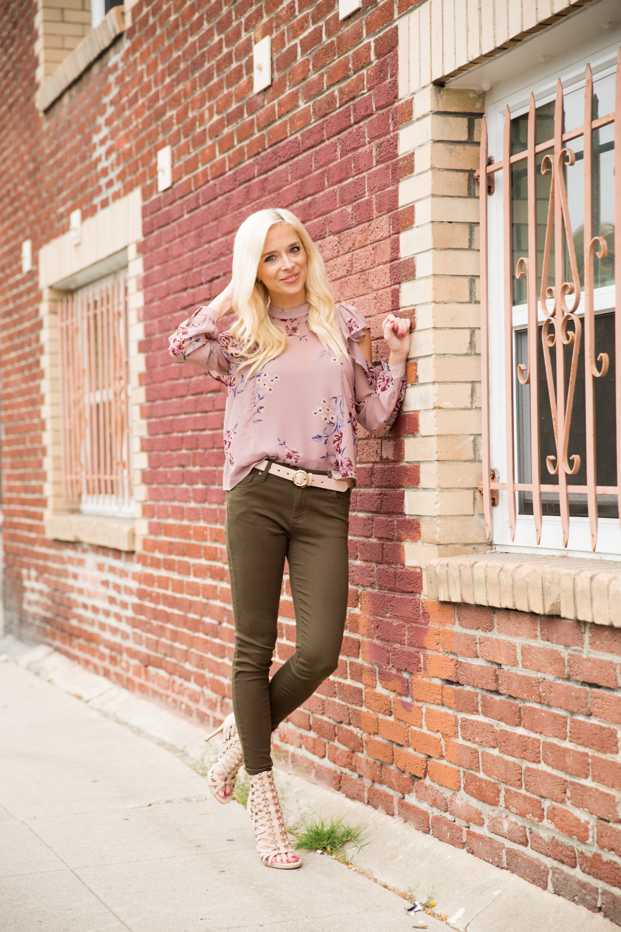 Astr Floral Blouse and Olive Jeans