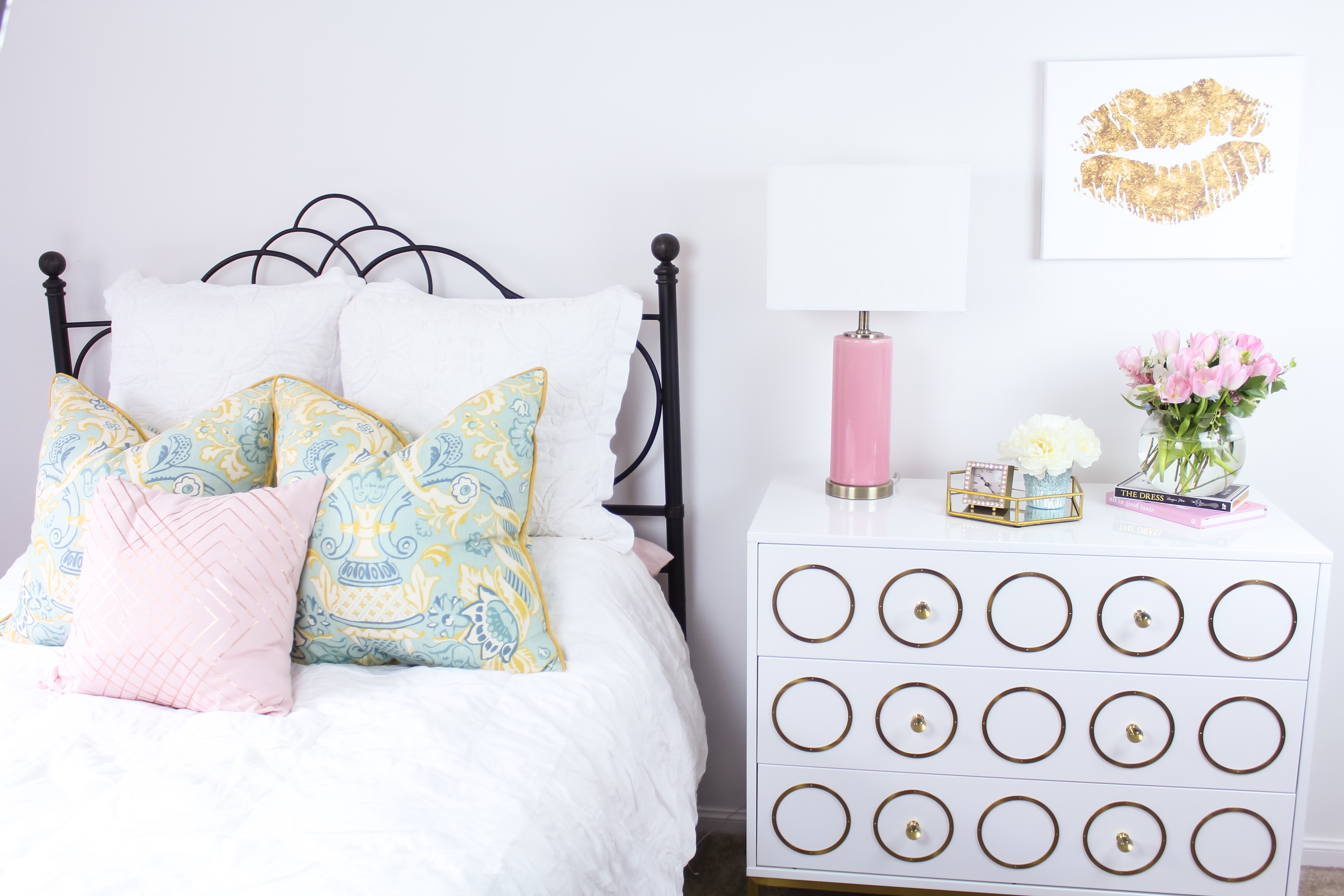 Accents of Gold, Turquoise, Rose and Decorative Knobs | Bedroom Oasis